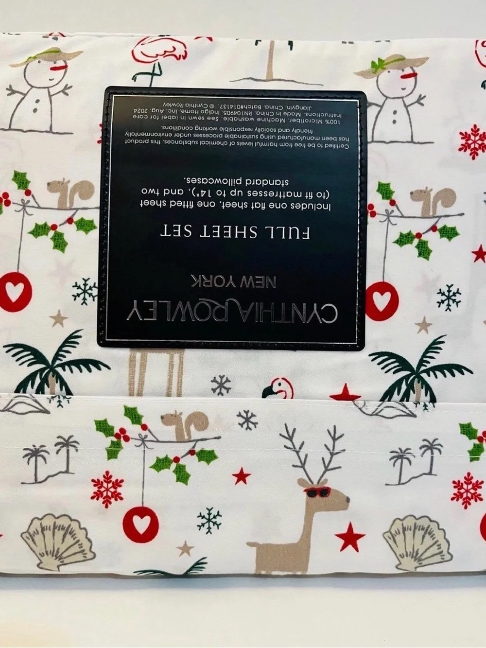 Cynthia Rowley Christmas Beach Full Size Sheet Set Palm Tree Seashell Flamingo